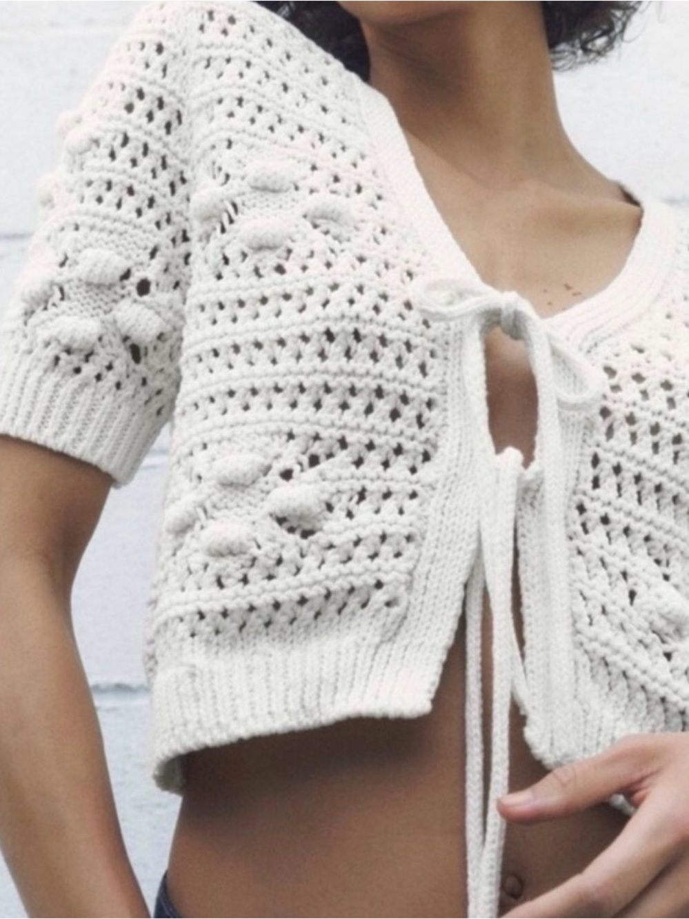 Women’s Cream Crochet Tie-Front Sweater Cardigan
